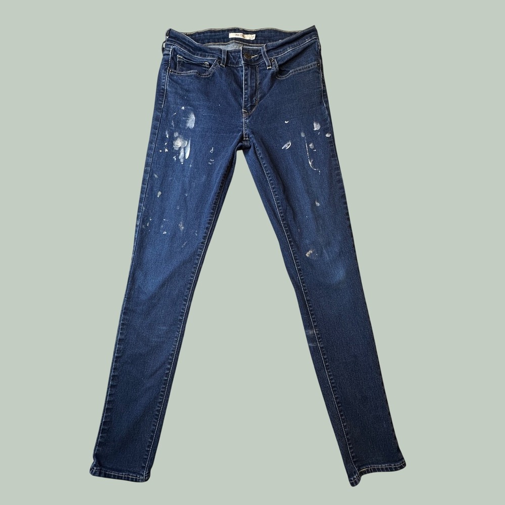 Levi's 711 Jeans Womens 27 Skinny Blue Waterless Paint Splatter Distressed Denim